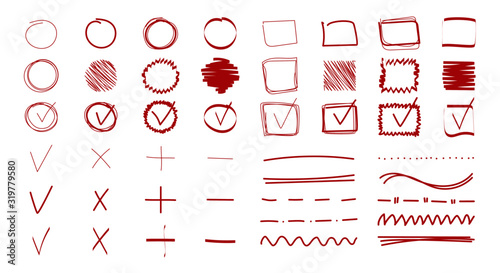 Red doodle check marks and underlines. Vector marker check hand drawn signs and checkbox. Handwritten strokes and pen markings V marks for list items
