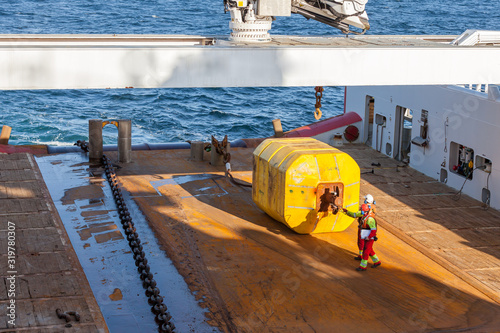 NORTH SEA NORWAY - 2015 MAY 17. Surface buoy secured on deck onboard offshore anchor handler vessel.