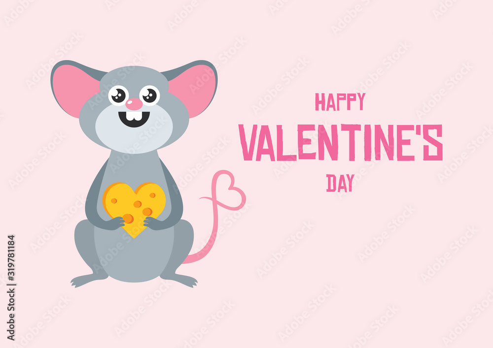 Happy Valentine's Day greeting card with adorable mouse. Cute gray mouse with cheese. Adorable rat cartoon character. Cheerful mouse cartoon character