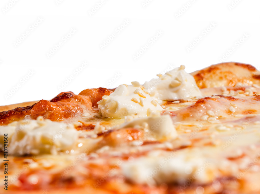 Close up Italian hot Pizza isolated on white background. Studio photo. Food concept.