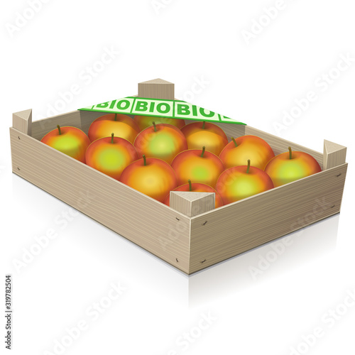 Cageot en bois contenant des pommes bio (reflet)
