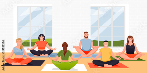 Yoga class vector flat cartoon illustration. People sitting in lotus position on floor. Women and men practicing yoga