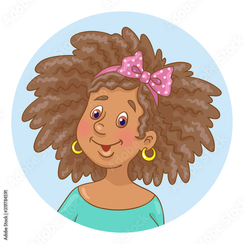 Portrait of a cute afro american young woman - avatar icon in a circle. Isolated on white background. In cartoon style. Vector illustration.
