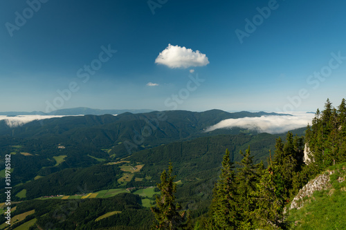Scenic view from Rax mountains on a sunny morning in summer