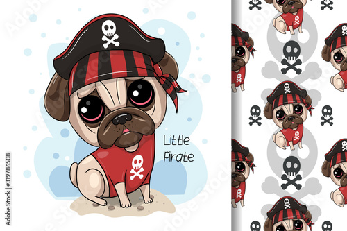 Cute cartoon Pug Dog pirate. vector print. Can be used for kids babies shirt design  fashion print design t-shirt  kids wear textile design celebration card  greeting card  vector