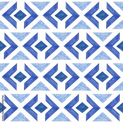 Seamless paper cut pattern with watercolor texture - Blue geometric background