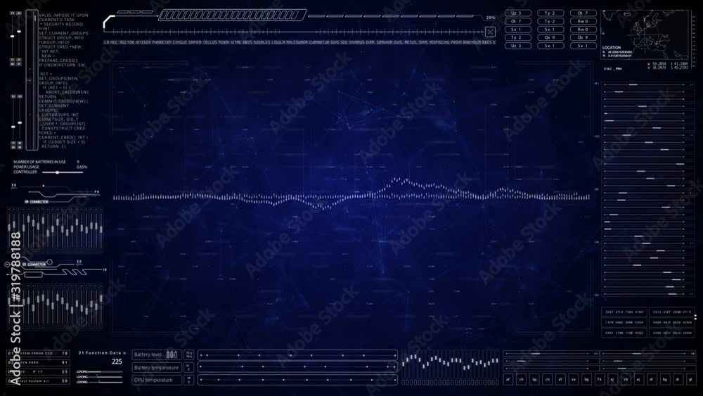 HUD SciFi technological background. Equaliser waveform.User Interface with digital HUD infographic elemets. Blue. HUD SciFi technological background. Equaliser waveform.User Interface with digital HUD infographic elemets. Blue.