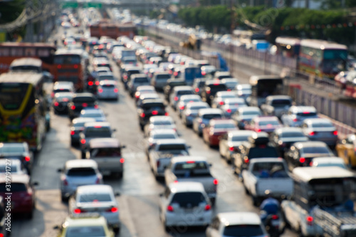 Blurred picture of traffic jam on rush hour in evening time.