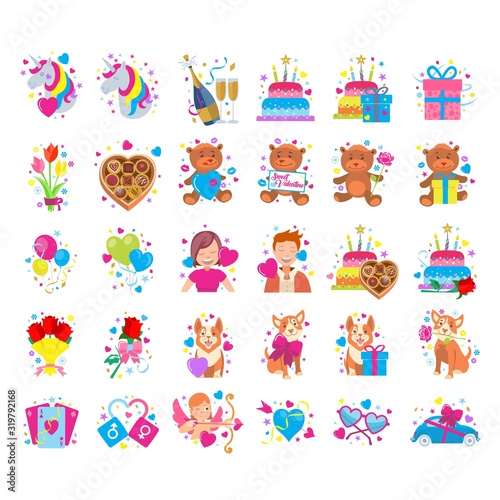Valentines day love anniversary cute birthday sticker celebration icon illustrations