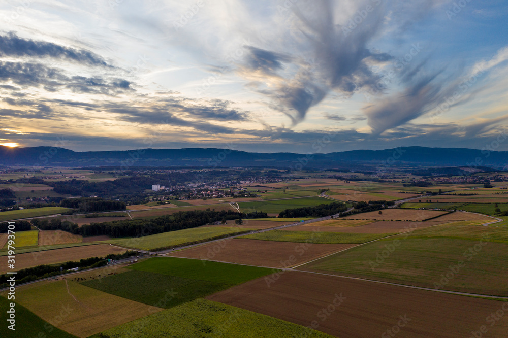 aerial drone footage, landscape, clouds, sunset