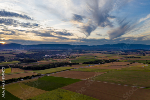 aerial drone footage, landscape, clouds, sunset