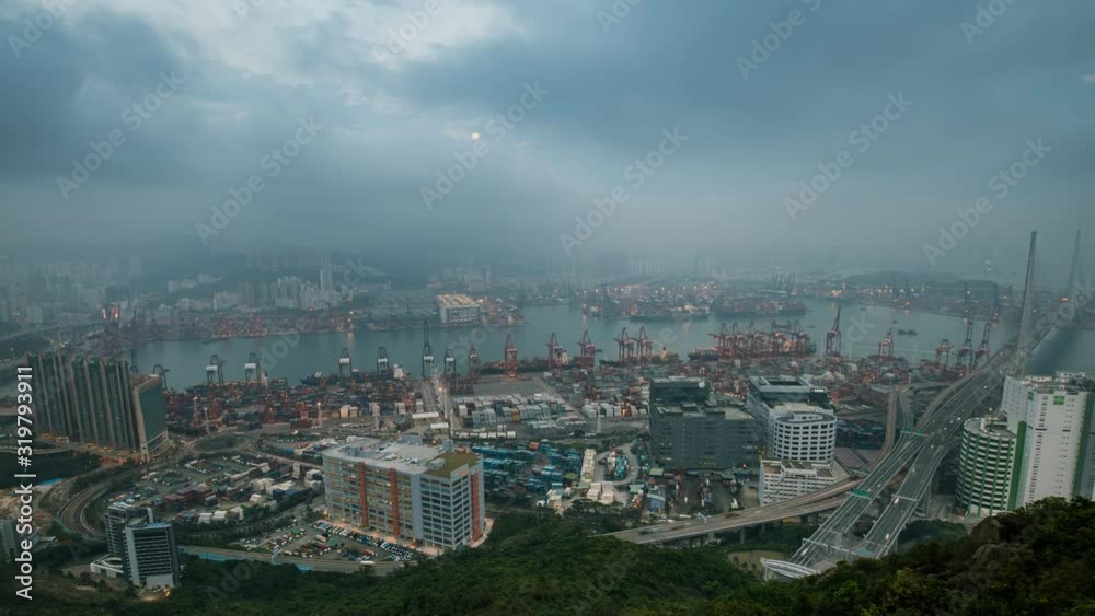 Time-lapse day to night View marine industry Container transport at Tsing Yi in HONG KONG, Tilt down. Time-lapse day to night View marine industry Container transport at Tsing Yi in HONG KONG, Tilt down.
