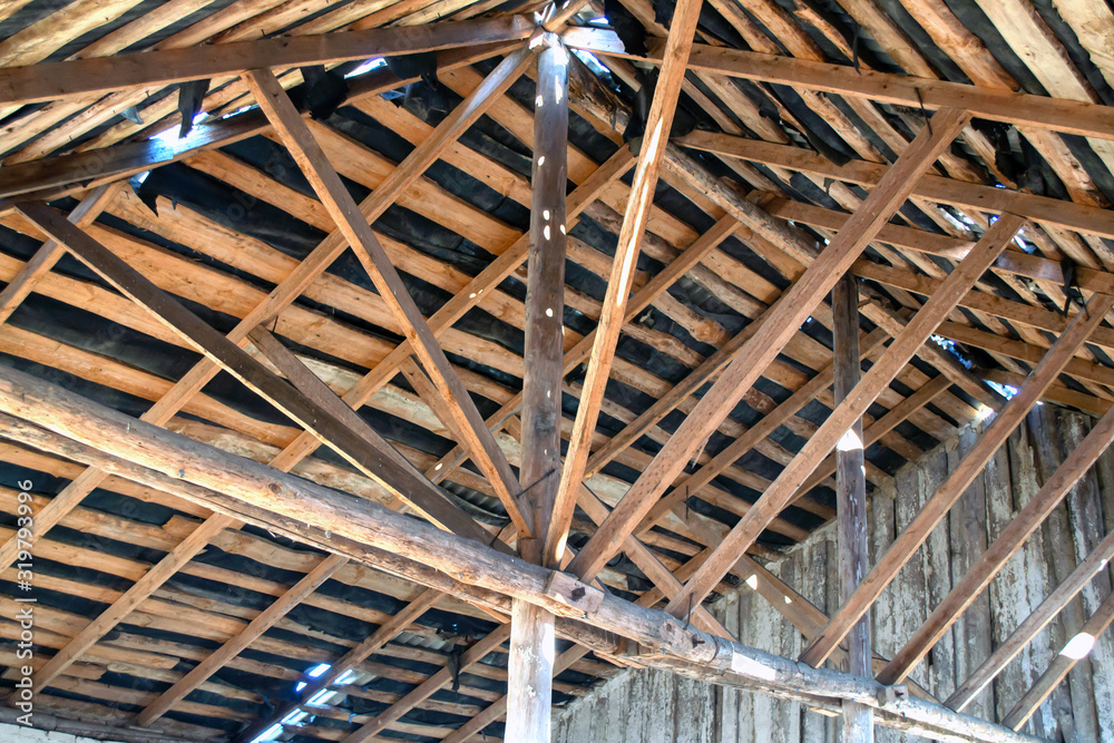 Wood beams Roof in the attic