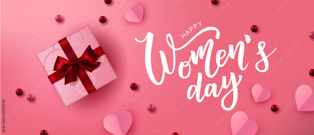 Happy Woman’s Day hand lettering text. Vector illustration. 8 March greeting calligraphy design. Template for a poster, cards, banner. - obrazy, fototapety, plakaty 
