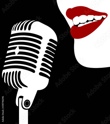 Dekoracja na wymiar  woman-with-microphone-sing-song-red-lips-vintage