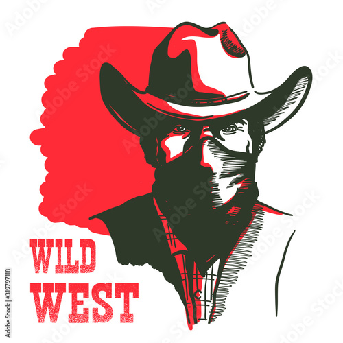 Wild West Cowboy portrait man in bandanna mask. Vector Western bandit man in cowboy hat with text isolated on white