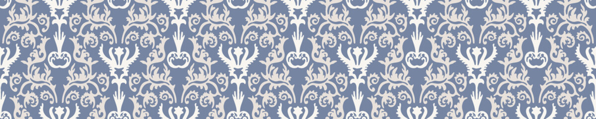 Handdoek met foto Landelijke stijl patronen Blauwe damast bloemenrand linnen  © Limolida Studio