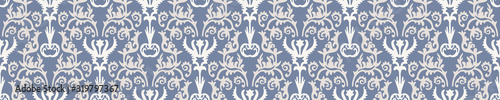 French blue damask shabby chic floral linen vector texture border background. Pretty flourish flower banner seamless pattern. Hand drawn floral interior home decor ribbon. Classic rustic farmhouse .