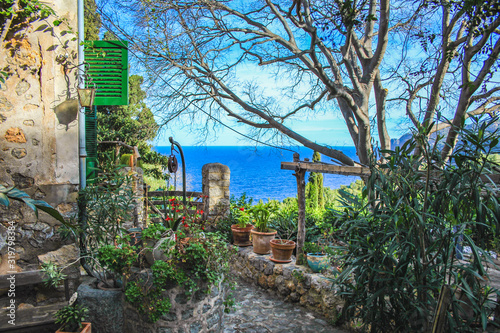 Spanish style garden with plants and flowers located by the sea in Mallorca, Spain