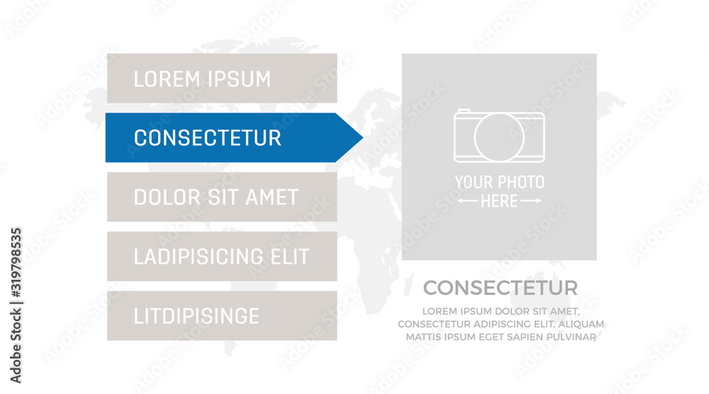 Set of blue elements for infographic with world map presentation slides.
