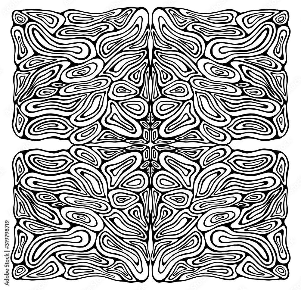 Intricate psychedelic circles ornament coloring page. Black and white bizarre abstract shamanic background