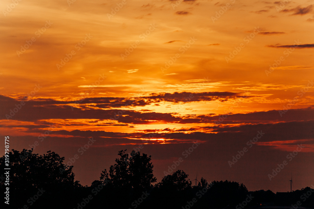 Big Sun on sunset. Nature composition. Orange sunset.