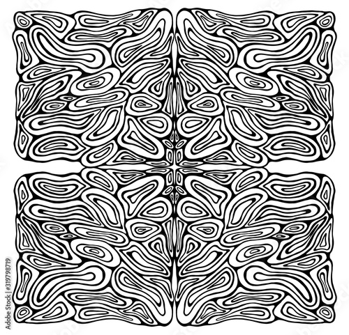Intricate psychedelic circles ornament coloring page. Black and white bizarre abstract shamanic background