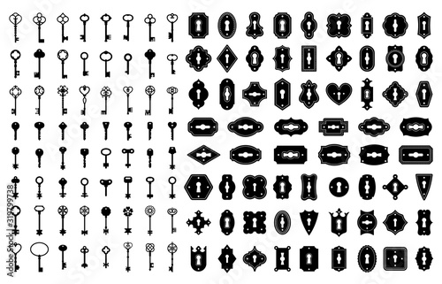 Key and keyhole silhouettes. Old house door keys, vintage lock keyholes frames and retro key silhouette icon vector set. Collection of elegant decorative antique and modern keyways of various shapes. photo