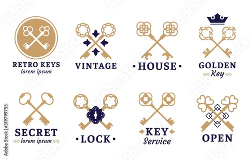 Vintage key label. Old keys emblem, retro lock and key service vector set. Collection of elegant corporate logotypes, company logos decorated by classic ancient filigree ornaments, keyhole, crown.