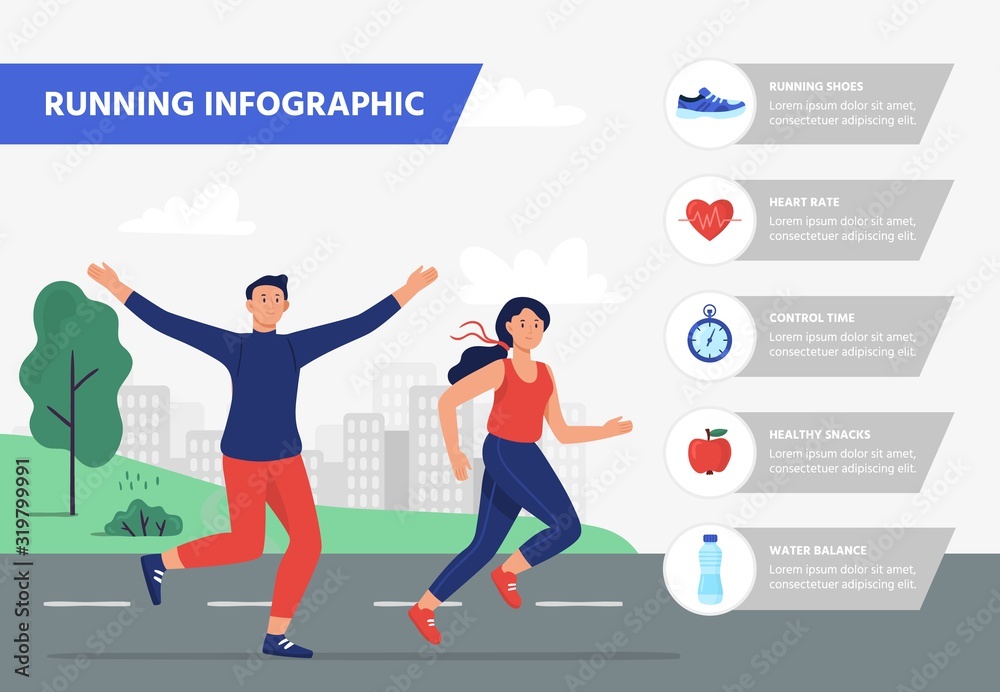 Vettoriale Stock Run infographic. Outdoor aerobics fitness training, running  exercise gear infographic Health vector illustration. Banner template with  happy runners or jogging people and list of healthy indicators. | Adobe  Stock