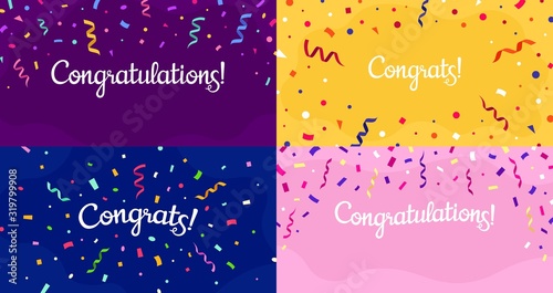 Congratulations confetti banner. Congrats card with color confetti, congratulation lettering banners vector set. Bundle of modern poster or postcard templates for anniversary or birthday celebration. photo