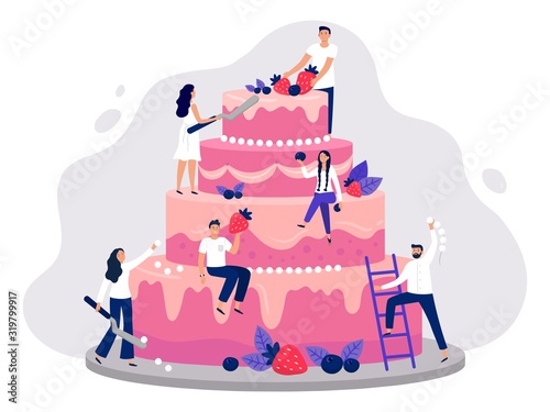Wedding cake. Bakers decorate pink wedding cake, people cooking together and sweet dessert with berries vector illustration. Happy men and women garnishing pastry meal with cream and strawberries.