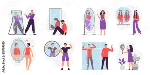 People looking at mirror reflection. Self-assessment and personal appearance vector illustration. Concept of evaluation of attractiveness, body dysmorphic disorder, transsexuality, self-examination. photo