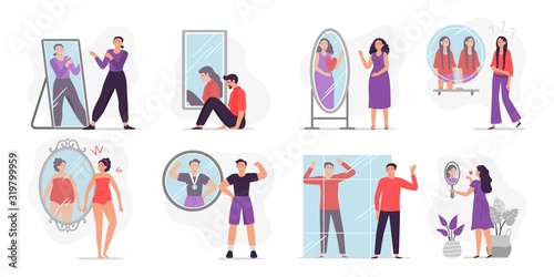 People looking at mirror reflection. Self-assessment and personal appearance vector illustration. Concept of evaluation of attractiveness, body dysmorphic disorder, transsexuality, self-examination.
