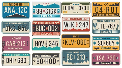 Abstract USA states license plates. Colorful retro car license, number plate templates vector set. Bundle of various vehicle registration signs or automobile identifiers in elegant vintage style.