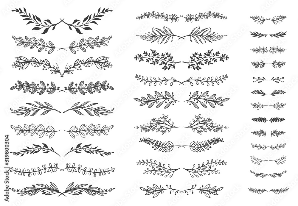 Floral ornament dividers. Ornamental leafs scroll decoration, decorative branch and hand drawn divider vector set. Bundle of pairs of sprigs, botanical design elements, natural monochrome decorations. - obrazy, fototapety, plakaty 