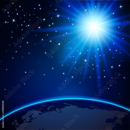 Abstract background with sparkling stars, blue sun and view earth from space. Vector illustration.