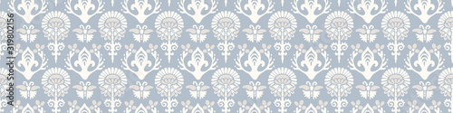 French blue damask shabby chic floral linen vector texture border background. Pretty flourish flower banner seamless pattern. Hand drawn floral interior home decor ribbon. Classic rustic farmhouse .