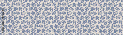 French damask shabby chic floral linen vector texture border background. Pretty seed flower banner seamless pattern. Hand drawn floral interior home decor ribbon trim. Classic rustic farmhouse style.