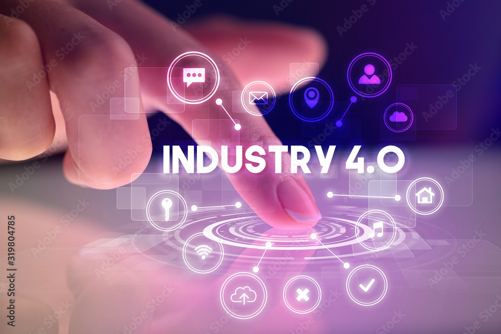Finger touching tablet with web technology icons and INDUSTRY 4.0 inscription, web technology concept Finger touching tablet with web technology icons and INDUSTRY 4.0 inscription, web technology concept