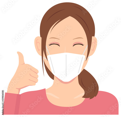 Young woman wearing a mask vector illustration (upper body) / thumb up with smiling 