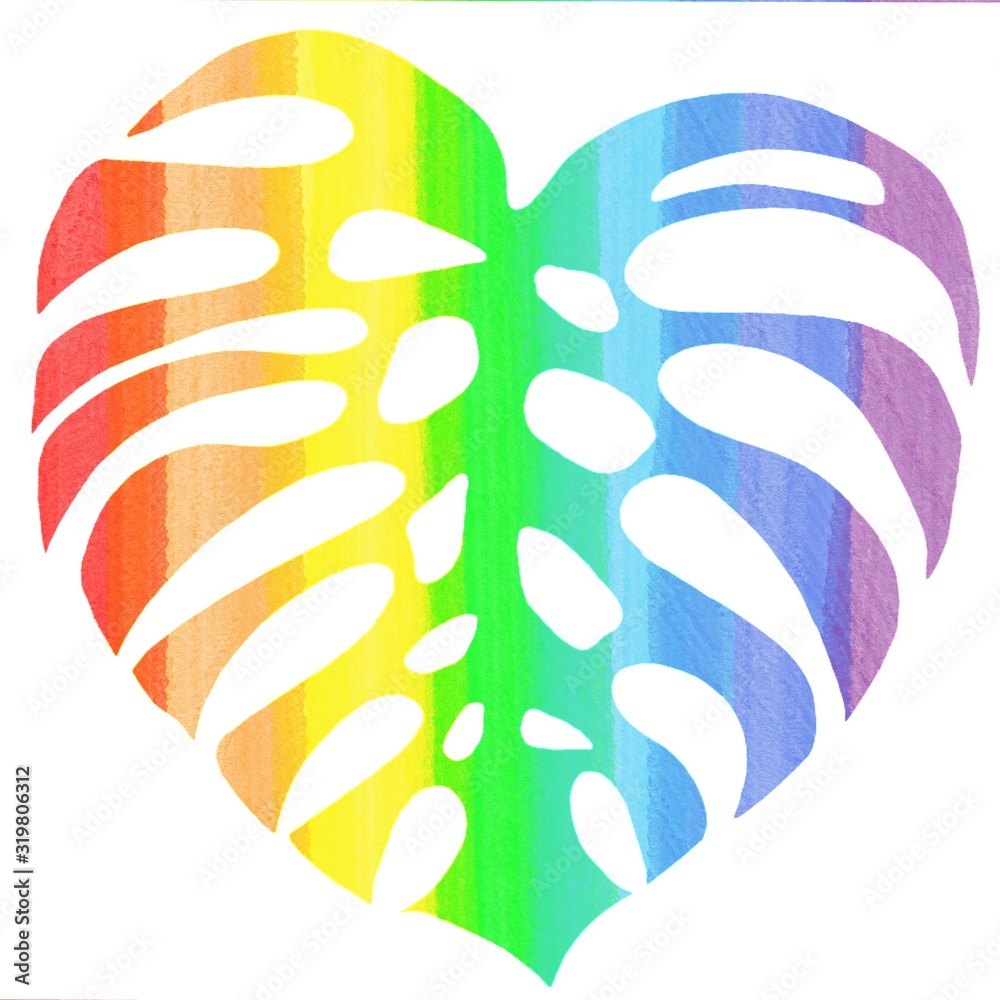 Obraz LGBT flag, Monstera leaf on white background, colorful isolated leaves of a tropical plant