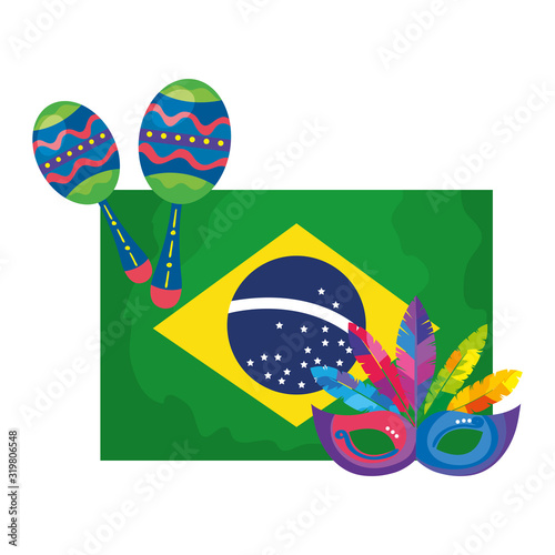 flag of brazil with mask carnival and maracas