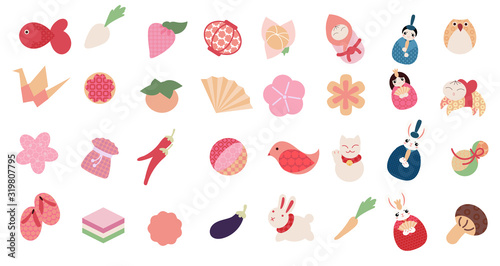 Hina Matsuri (Japanese Girls Festival) celebration card. Tsurushi Bina hanging handmade decoration with emperor family dolls and various objects for good luck. Vector illustration set isolated