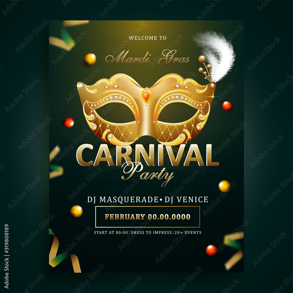 Mardi gras carnival mask flyer and flying streamers on green background with mask reflection, 3d illustration - Vector