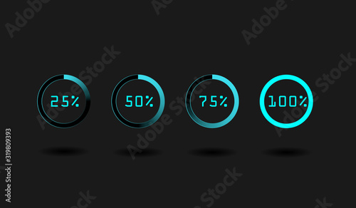 Isolated loading icon set on black background. Preloaders and bright blue round progress bars in percent. Vector illustration.
