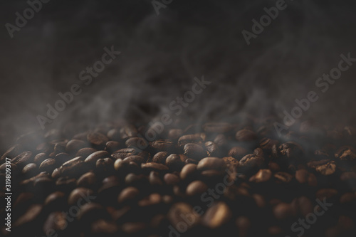 Close up of coffee beans with smoke