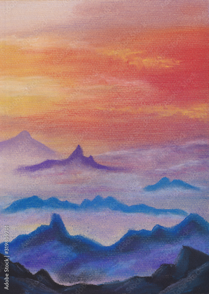 Illustration. Mountains tops in the clouds