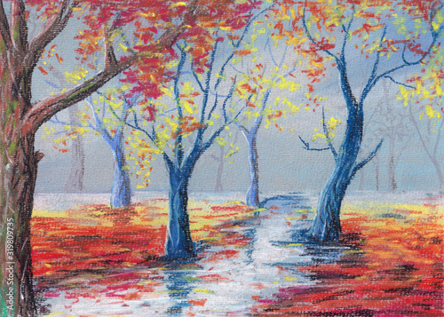 Illustration. Autumn foggy forest