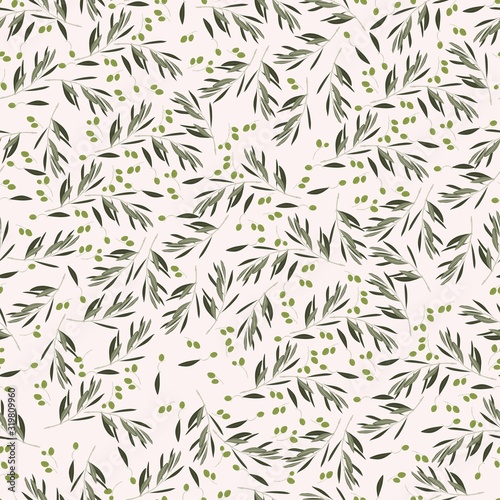 Seamless beige background with olive leaves. Ideal for printing on fabric or paper.  © Iuliia